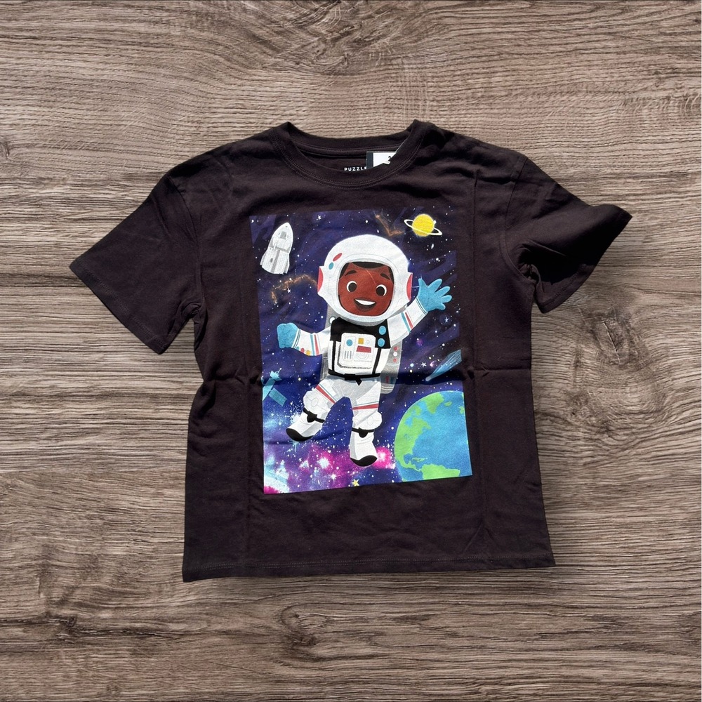 Grayson Threads Kids Puzzle Huddle Astronaut Space Graphic Tee Black Shirt L NEW